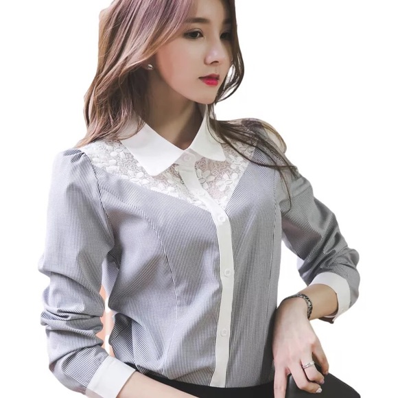 Blouse floral blue collar button lace top women - Picture 3 of 3